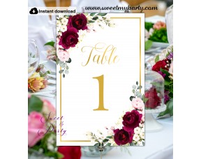 Burgundy Ivory Table Numbers template,Burgundy Table Numbers, (124)